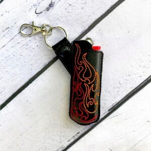 Flames Lighter Case Holder Key Fob. Handmade Embroidered Bag Tags Keychain